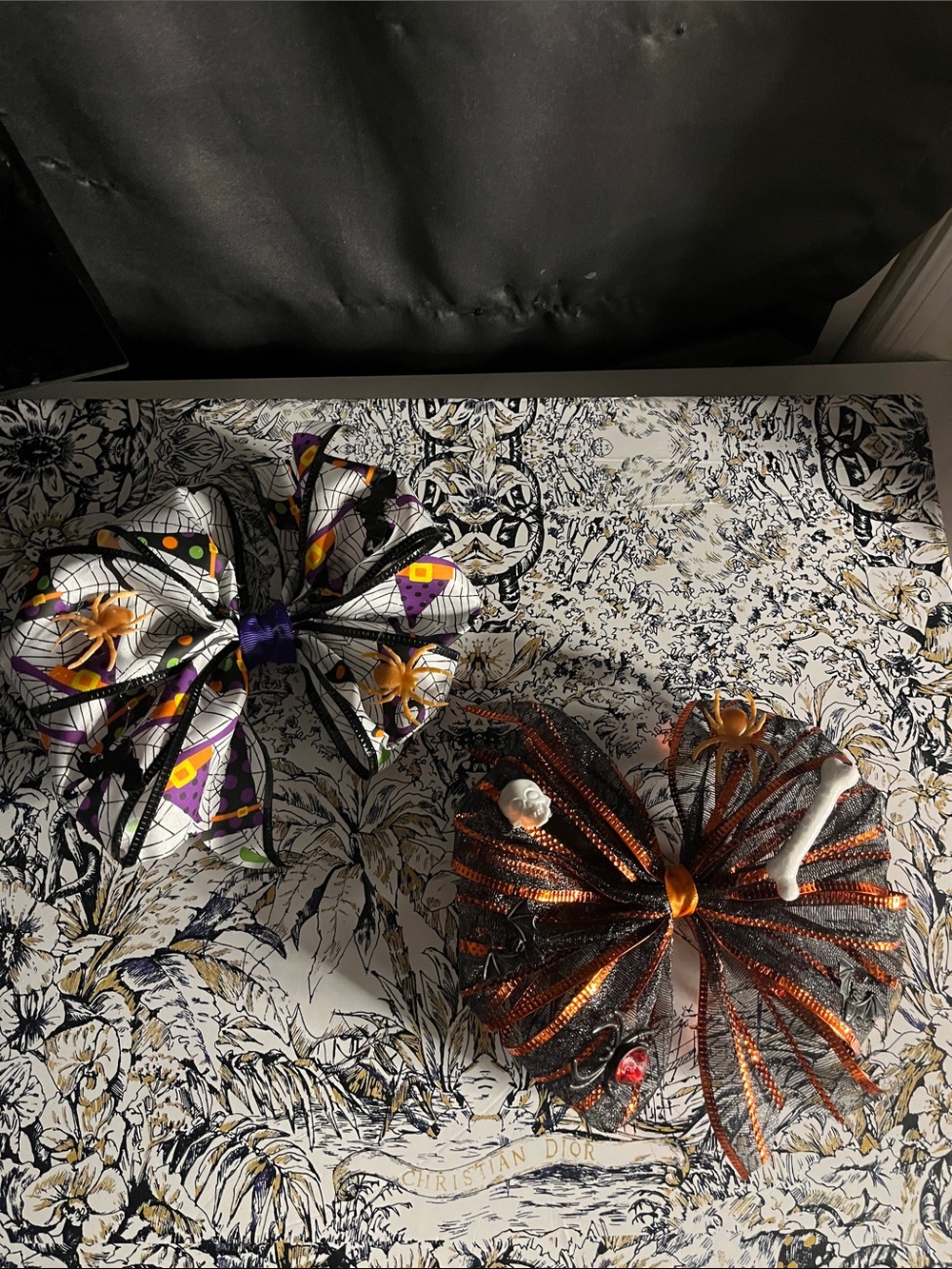 Handmade Halloween Decorative Bow Duo in Orange, Purple & Black Set of two